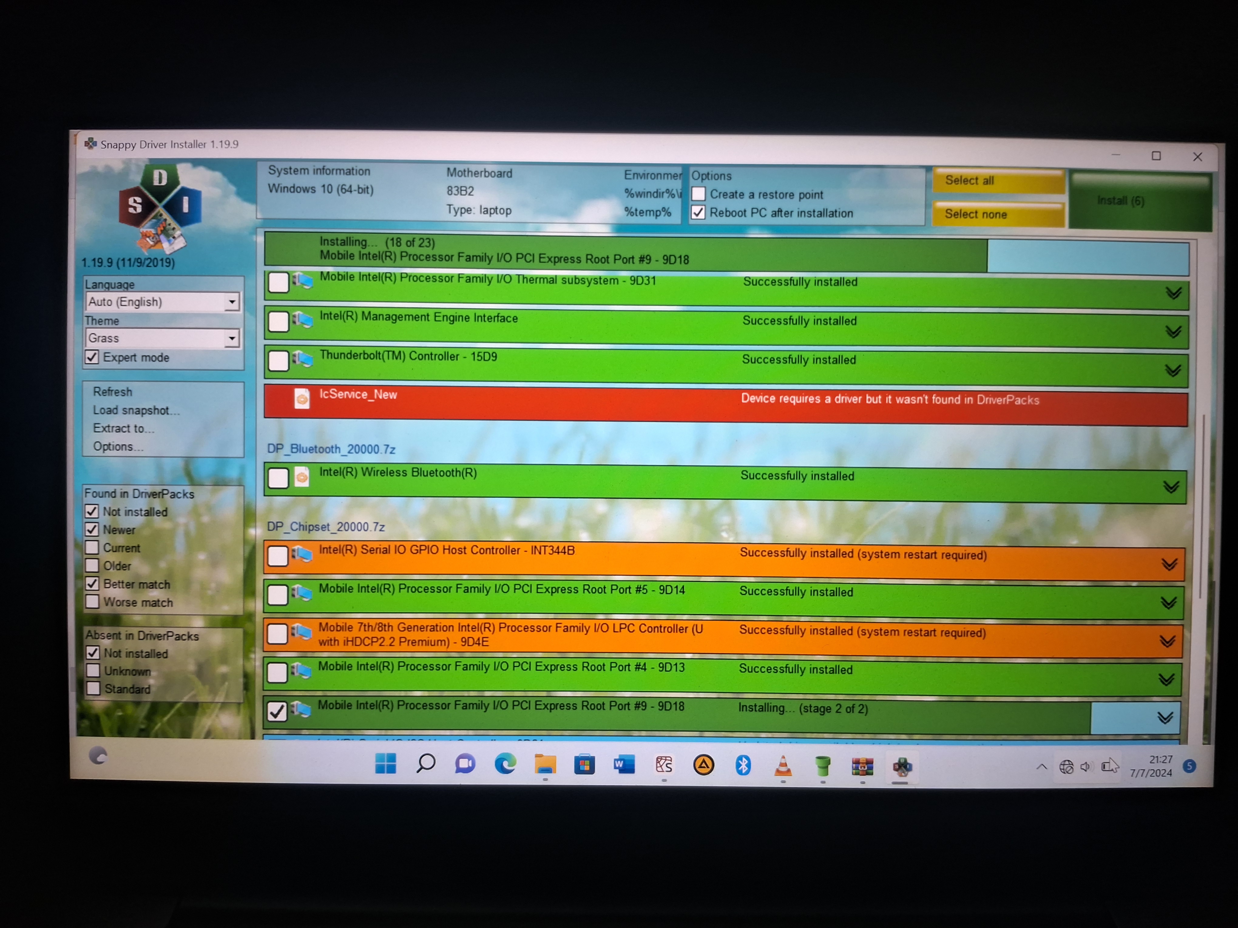 Device manager and driver installation on screen